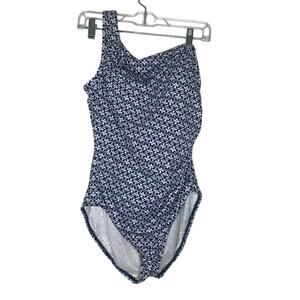 Talbots One Shoulder Swimsuit 14 Blue White Geo Print Tummy Control Swim